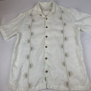 Tommy Bahama Linen Shirt Men's Small embroidered Ivory Short Sleeve Beach